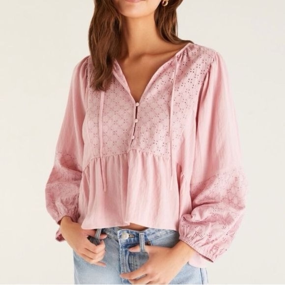 Z Supply Celeste Mauve Eyelet Blouse Cottagecore Coastal Bohemian - Picture 1 of 9